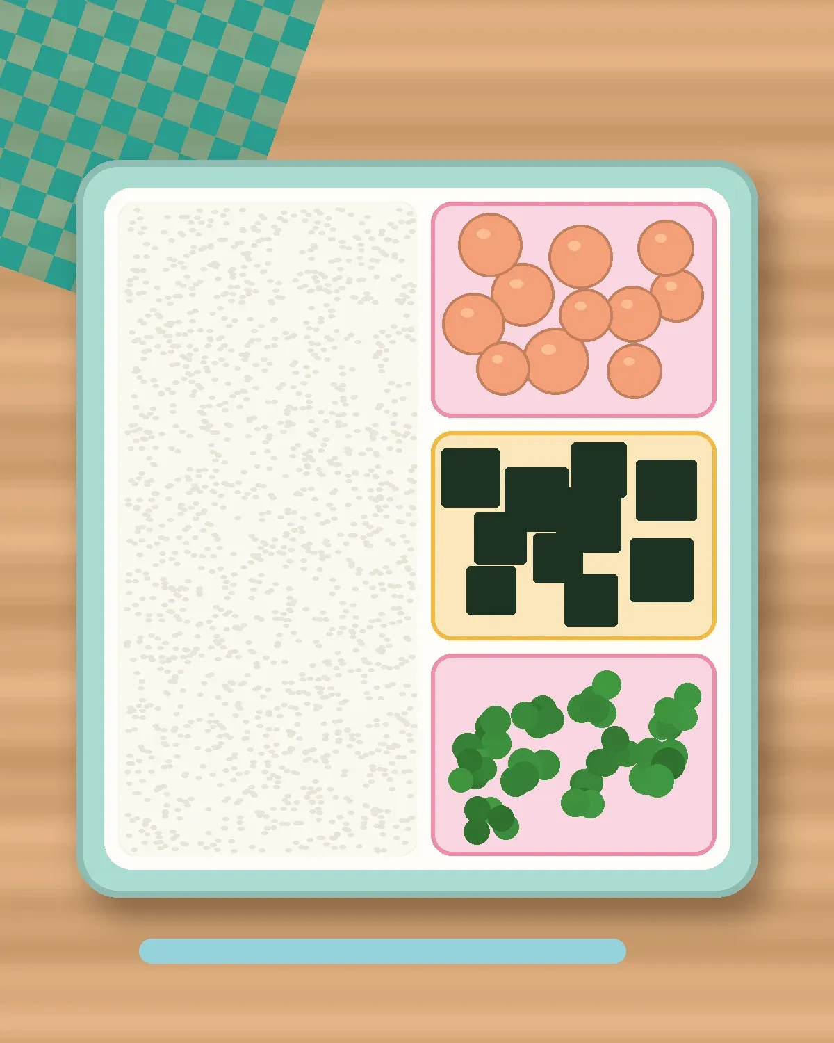 Illustration of Salmon Rice Furikake Balls in a colourful bento box