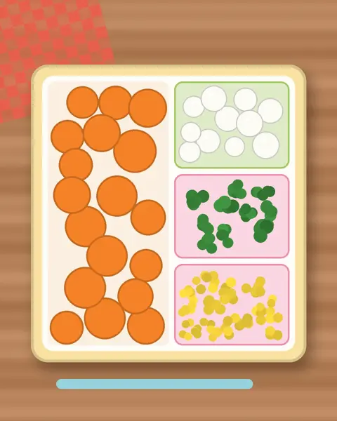 Illustration of Carrot Coins with Dip in a colourful bento box