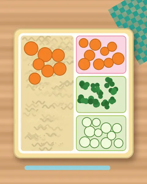 Illustration of Kid Japchae (Glass Noodles) in a colourful bento box