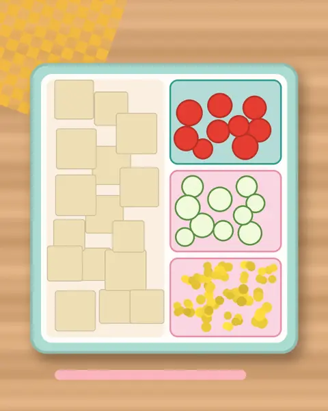 Illustration of Mild Tofu Jorim in a colourful bento box