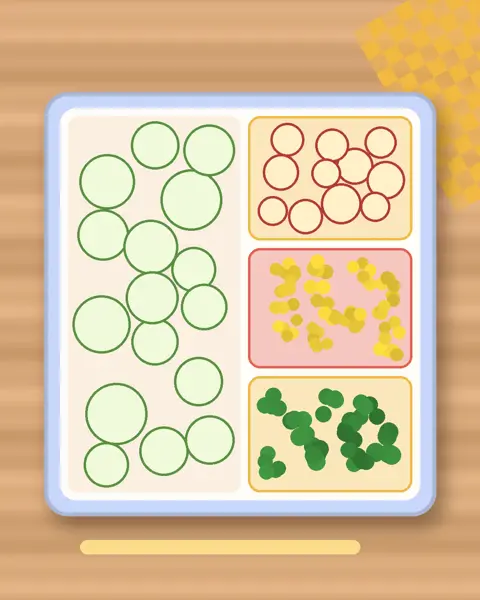 Illustration of Oi Muchim (No-Chilli Cucumber) in a colourful bento box