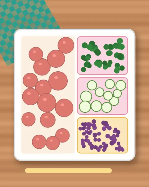 Illustration of Pork & Cabbage Dumplings (Steamed) in a colourful bento box
